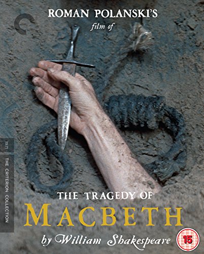 Blu-ray cover for Roman Polanski’s “The Tragedy of Macbeth” with a hand and dagger.