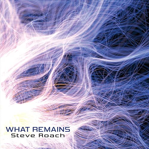 CD cover for Steve Roach’s “What Remains” with abstract, swirling blue and white lines.