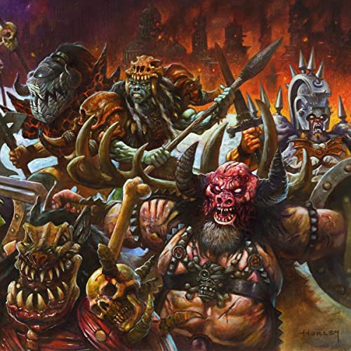 GWAR album cover: grotesque, armored figures in a fiery, dystopian landscape.