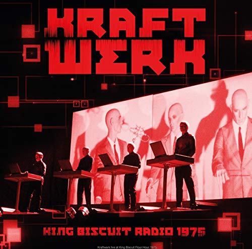Kraftwerk album cover: red and white geometric design with band members.