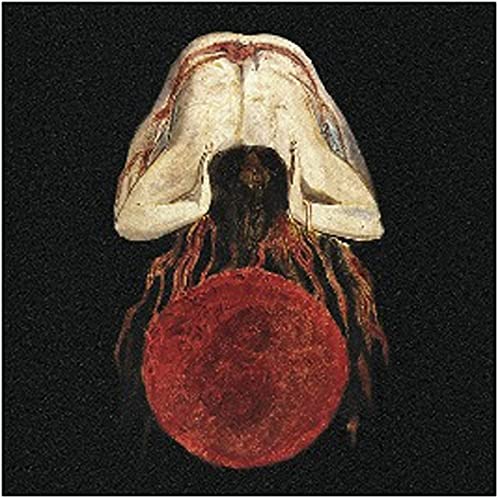 Dark, abstract painting of a figure with long hair and a red orb.
