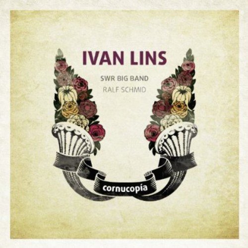 Album cover with floral cornucopias and text on beige background.