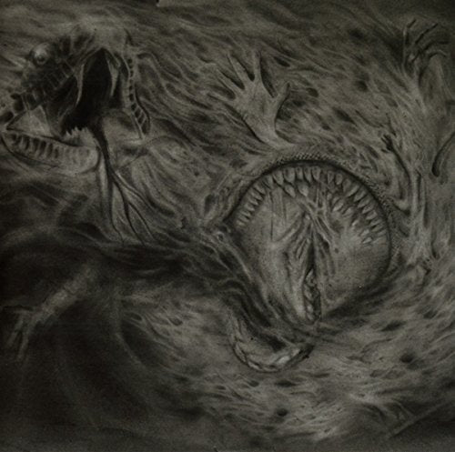 Dark, textured artwork depicting a monstrous face and organic forms.