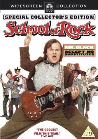 School of Rock DVD cover featuring Jack Black with child musicians.