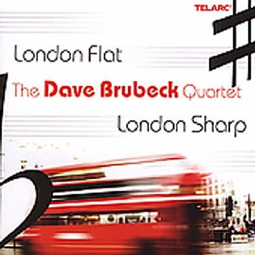 "Album cover with red double-decker bus and musical notes, featuring 'The Dave Brubeck Quartet'."