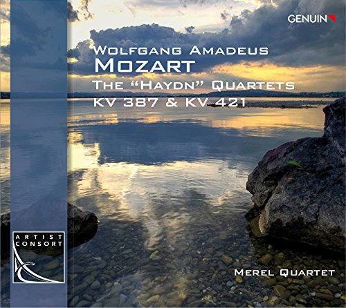 "CD cover with serene lake scene, cloudy sky, and Mozart's 'Haydn' Quartets text."