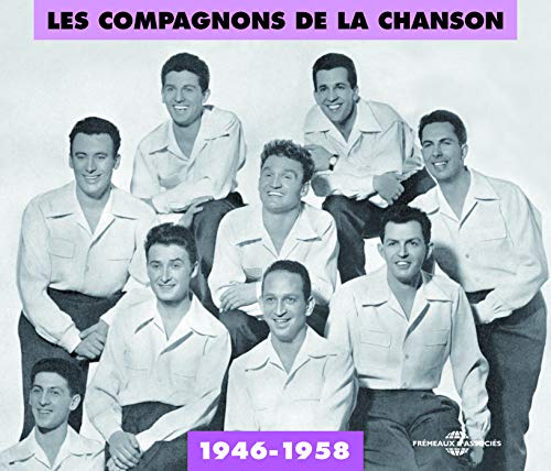 Black and white photo of nine men in light shirts, album cover.