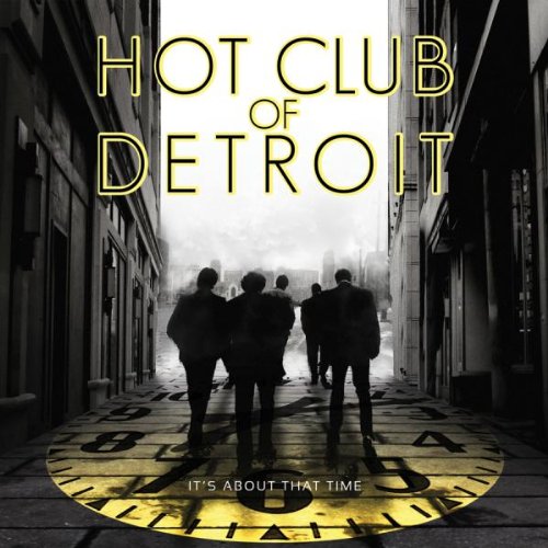 "Album cover with silhouetted men walking down a street with a large clock face."