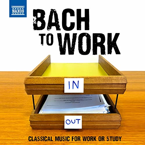 CD cover for "Bach to Work" featuring a wooden document tray.