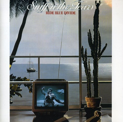 "Album cover with a retro TV showing a man, by a window with a seascape."