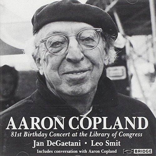 Black and white CD cover featuring Aaron Copland in a beret and glasses.