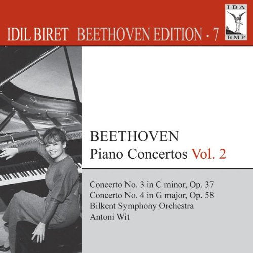CD cover with pianist Idil Biret and Beethoven concertos information on a red and white background.