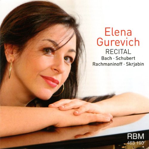 "Elena Gurevich resting her arms on a piano, with red and black text overlay."