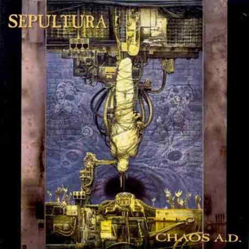"Album cover art: 'Sepultura - Chaos A.D.' featuring a mummified figure in a mechanical device."