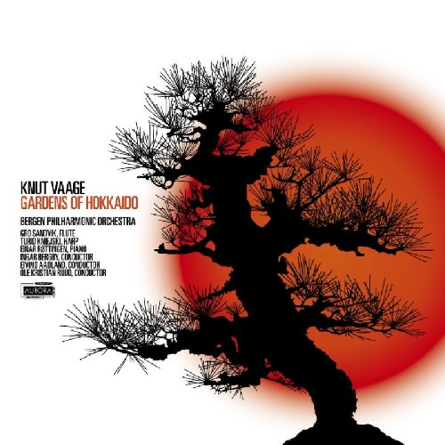 "Album cover with silhouette of a pine tree against a red sun on white background."