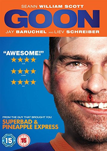 "Goon DVD cover featuring a man with a bloody face and blue background."