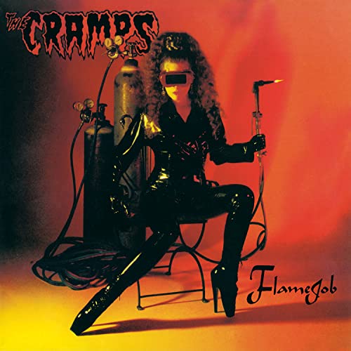 Album cover for The Cramps’ “Flamejob” featuring a person in black leather.