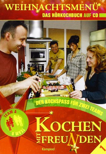 "CD cover showing four people cooking together in a kitchen, with German text."