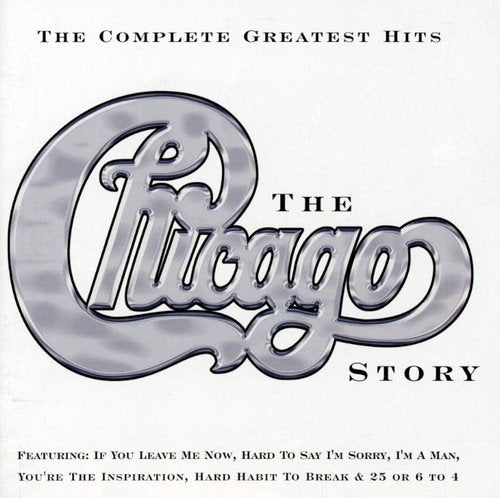 "CD cover with 'Chicago' in silver cursive, 'The Chicago Story' in black text on white background."