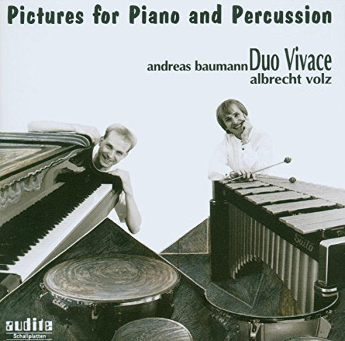 "CD cover with two musicians playing piano and xylophone, percussion instruments in foreground."