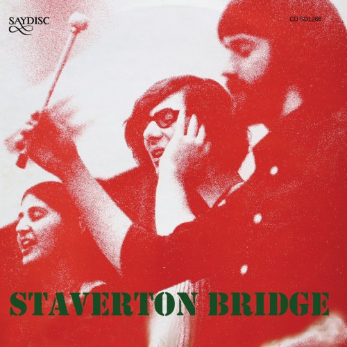 Red-tinted album cover with three men, one holding drumsticks, and "STAVERTON BRIDGE" text.
