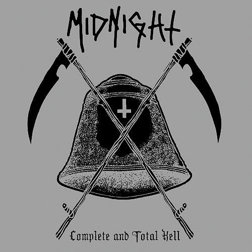 Black and white album cover with scythes, a bell, and band name "Midnight".
