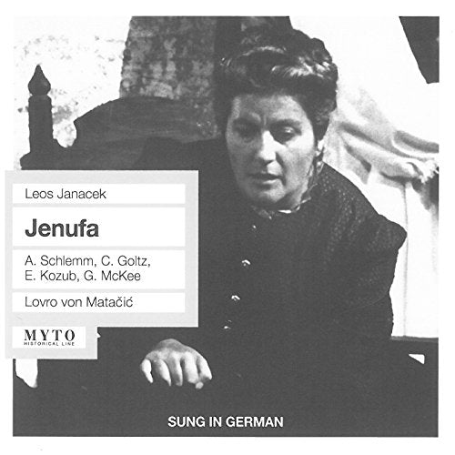 Black and white CD cover featuring a woman’s portrait and opera title “Jenufa”.