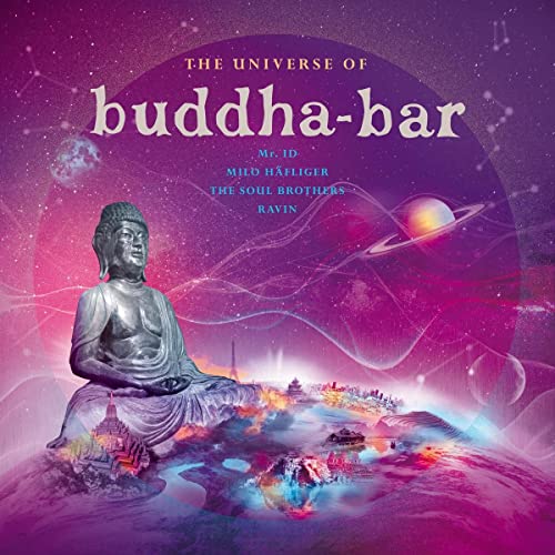 A Buddha statue sits on a planet against a purple space background with stars.