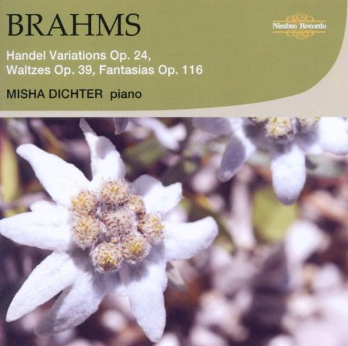 "CD cover with edelweiss flowers and text describing Brahms' music by Misha Dichter."