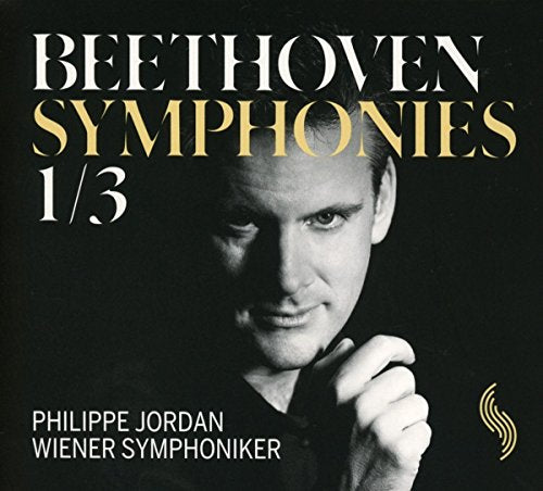 Black and white image of a man's portrait with text overlay describing a Beethoven CD.