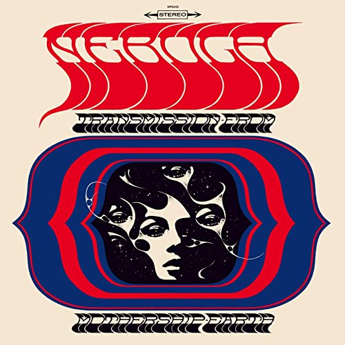 Vinyl album cover with swirling red and blue design, and a woman’s face.