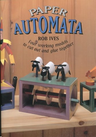"Book cover featuring paper automata models on a wooden shelf, with title and author name."