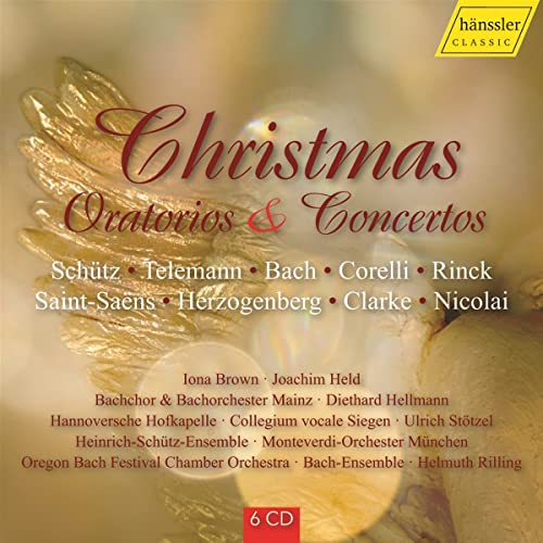 CD cover for "Christmas Oratorios & Concertos" with golden angel wings.