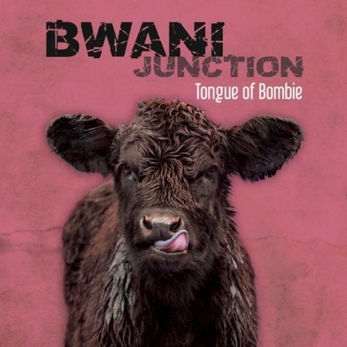 A brown calf sticking its tongue out, on a pink album cover background.