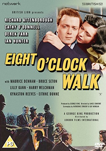DVD cover for "Eight O'Clock Walk" featuring a couple and courtroom scene.