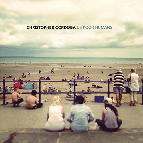 "Album cover featuring people sitting on a concrete ledge overlooking a crowded beach scene."