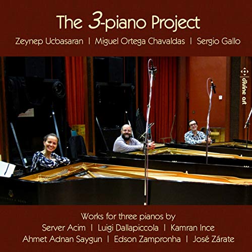 CD cover with three pianists playing together, red background, white text.