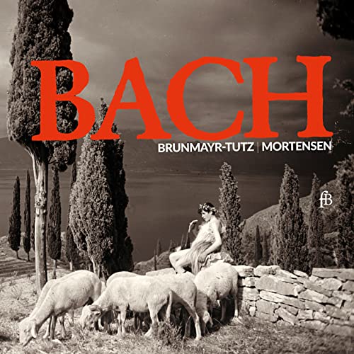 CD cover with "BACH" in red text, a woman, sheep, and cypress trees.