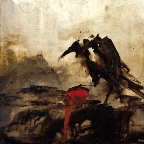 "CD cover art featuring a dark crow and a red figure in a landscape."