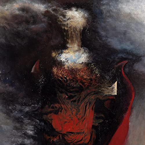 Dark, abstract painting of swirling smoke and fiery red shapes.