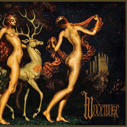 Two nude figures with a white stag before a dark castle landscape.