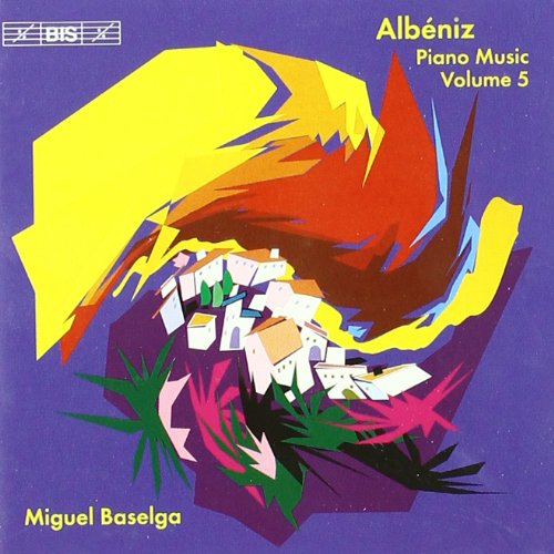 "Album cover with abstract village scene, blue background, and yellow text."