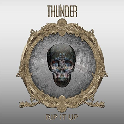 "Album cover with ornate gold frame, skull, and text 'Thunder' and 'Rip It Up'."