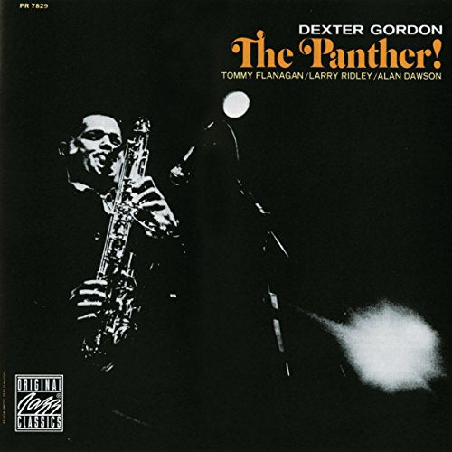 "Album cover with Dexter Gordon playing saxophone, black background, and orange title text."