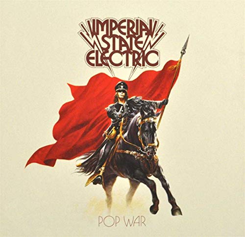 A person in military uniform rides a black horse holding a spear with red flag.
