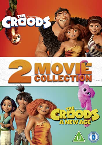DVD cover for "The Croods" 1 & 2, featuring cartoon cave family.