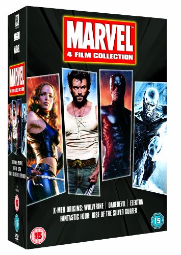 "Black DVD box set featuring Marvel characters, with red title banner and four movie posters."