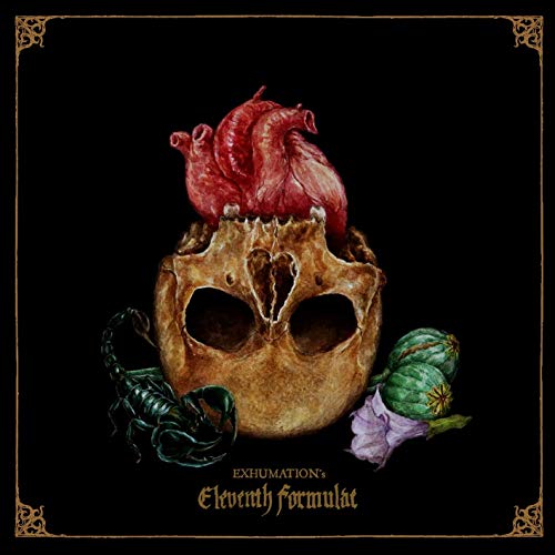 Skull topped with a heart, scorpion, and flower, dark and ornate design.