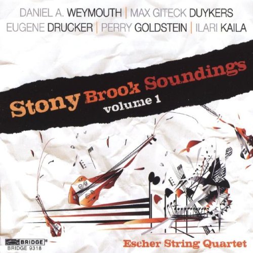"CD cover art with crumpled paper, violins, and musical notes, titled 'Stony Brook Soundings'."