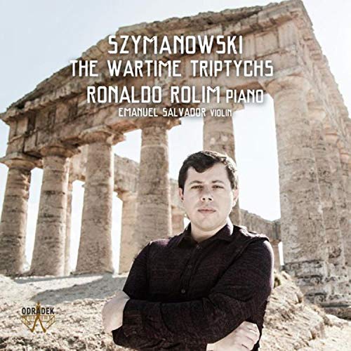 Man in dark shirt stands before ancient stone columns with text overlay on album cover.
